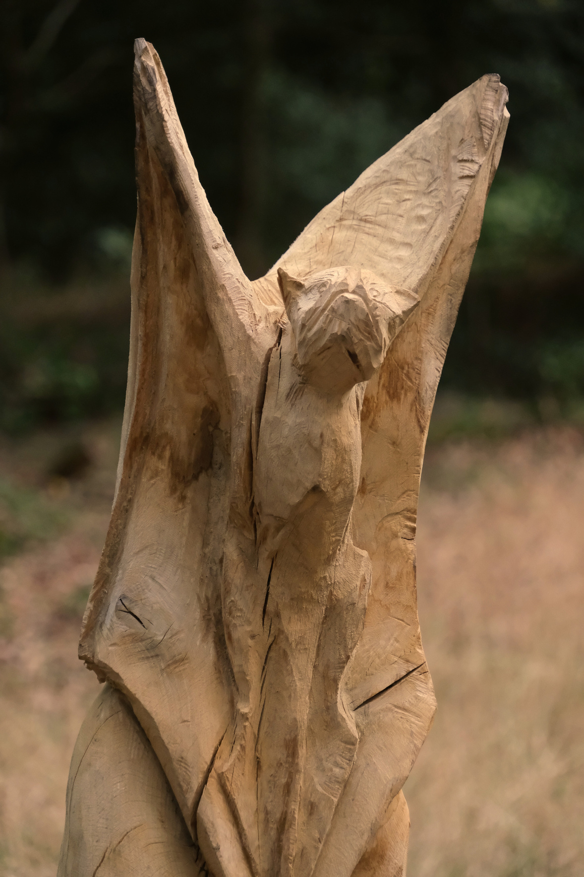 a sculpture of a bat with wings outstretched in the woods